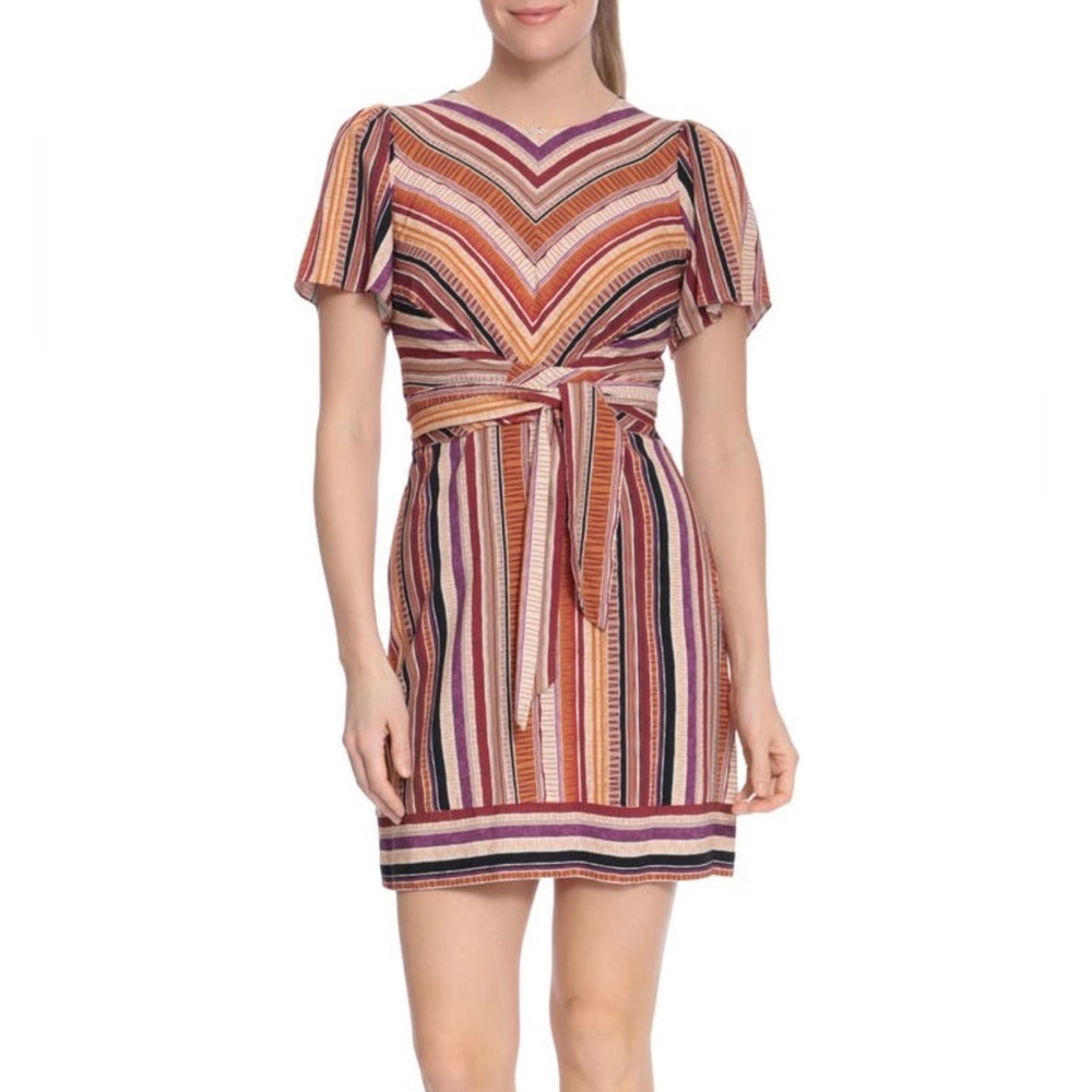 London Times Brown Red Purple Chevron Stripe Boho Bohemian Casual Mini Dress